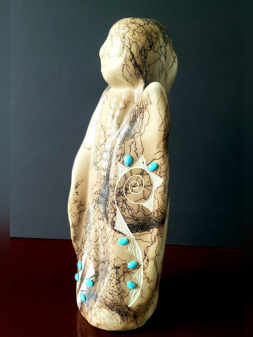 Navajo Horse Hair Pottery,Corn Maiden, Inlaid Turquise Accents, Signed Excellent - Picture 2 of 8